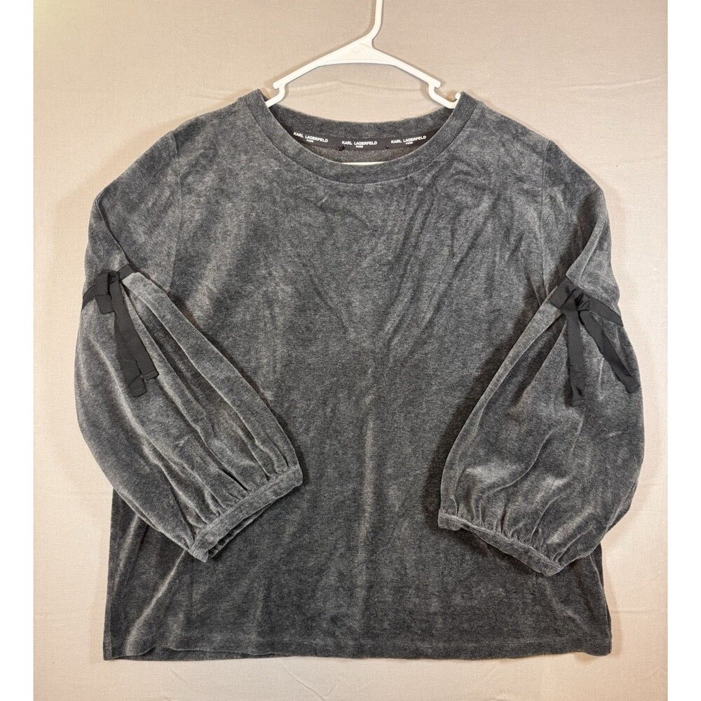 Women Karl Lagerfeld Velour Charcoal Gray Sweater Bow Sleeve Detail Size M